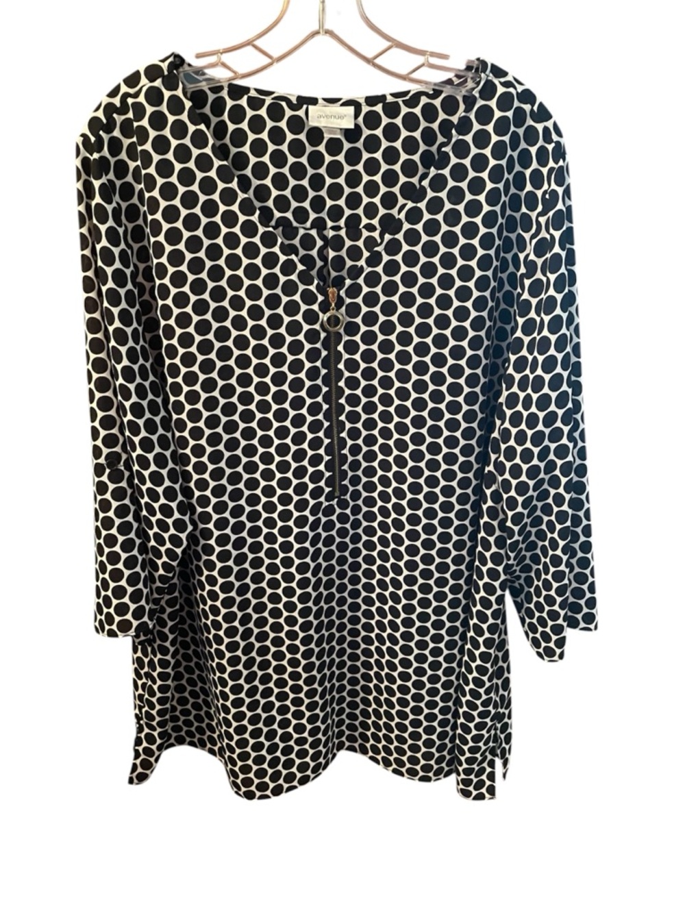 Women’s Black & White Polka Dot Top with Zipper, 3/4 Length Sleeves, Plus 24W